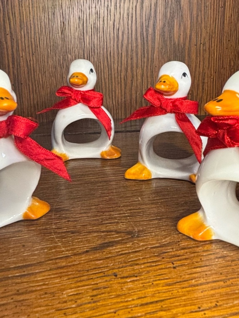 Handcrafted White Duck Napkin Rings with Red Ribbon - Home Accents